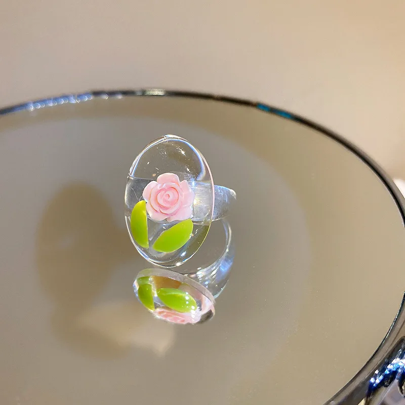 

Origin Summer Cute Oval Perspective Arcylic Ring for Women Girls Resin Pink Rose Leaves Charm Rings Romantic Holiday Accessories