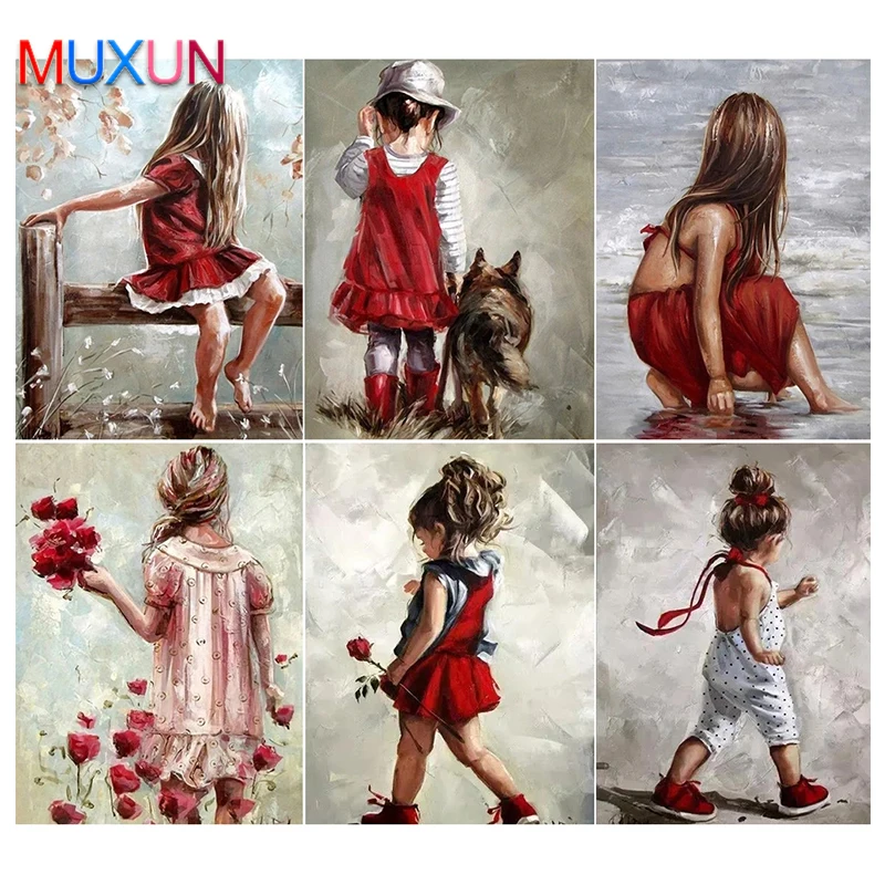 

5D Diamond Embroidery Flower Girl Red Dress Little Girl Diy Full Square/Round Diamond Painting Cross Stitch Kit Home Decor Bh104