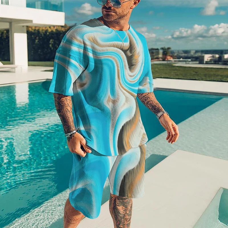 

Men's Shirt Sets Fashion T-Shirt Shorts Sports Suit Twisted Pattern Print Clothes Male Sweatshirt Personality Trend Sweatpants