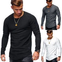 daily leisure comfortable solid color round neck striped pleated raglan long sleeve mens t shirt new arrival 2020