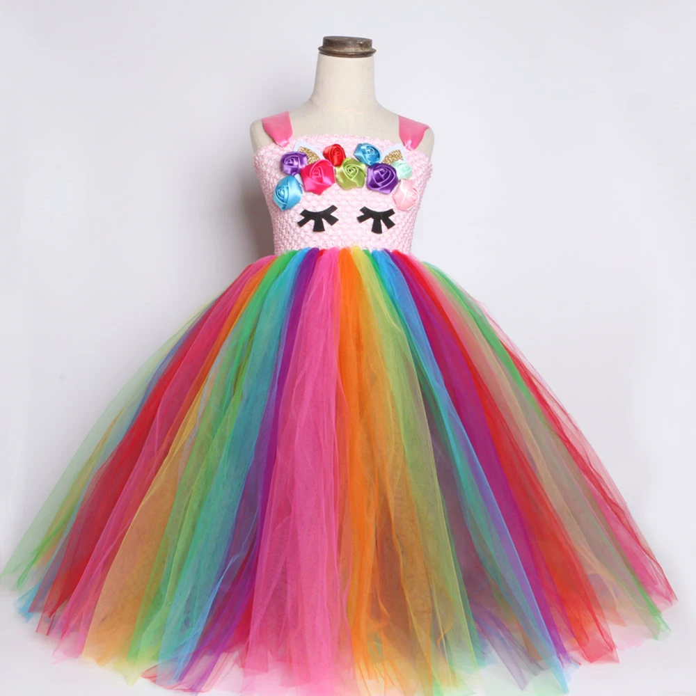 Bright Rainbow Unicorn Tutu Dress Princess Flower Girl Birthday Party Dresses Kids Girls Halloween Costume Clothes 1-14Y | Детская