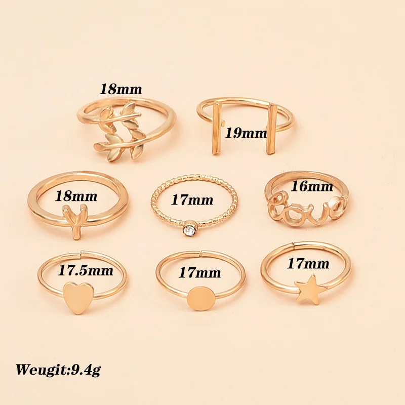 8 Pcs/Set Fashion Women Rings Set Leaf Letter Heart Round Star Y Shaped Knuckle Gold Ring Simple Wedding Party Jewelry | Украшения и