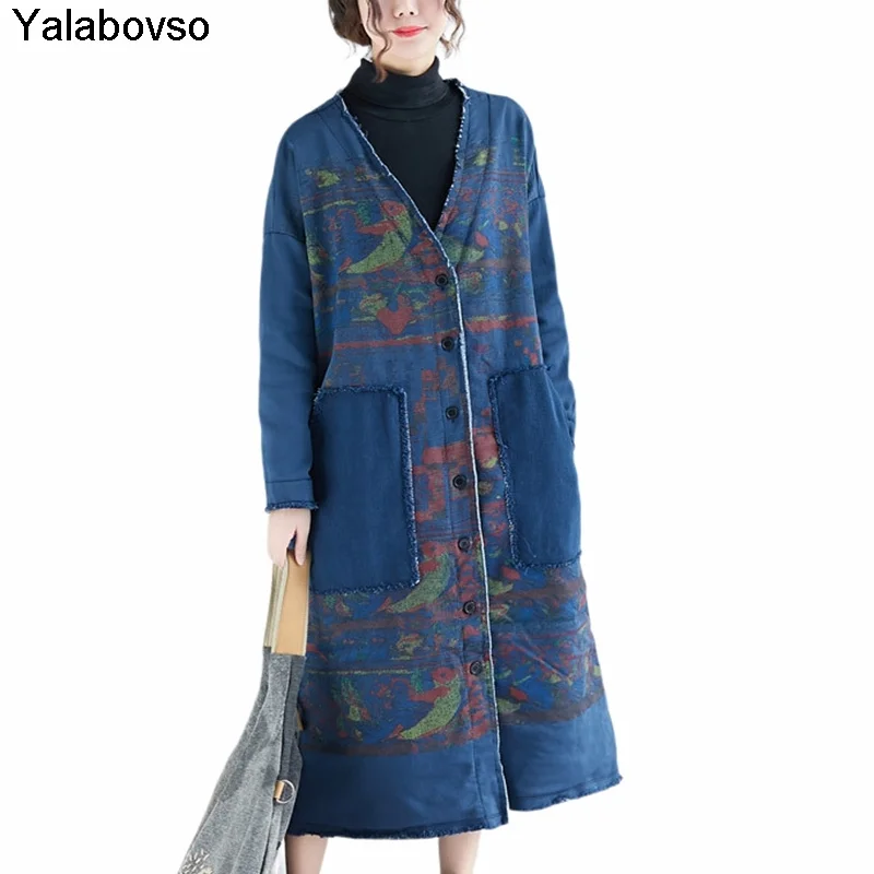 2021 New Arrivals Cotton V Neck Autumn Coat With Velvet Long Windbreaker Pocket Printing Trench Coat Overcoat Female