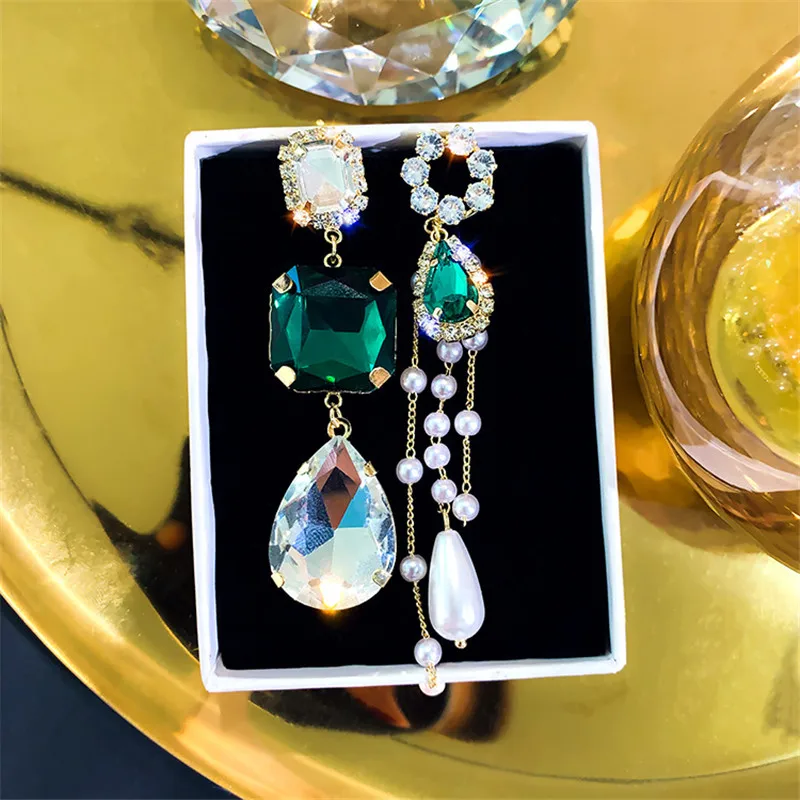 FYUAN Long tassel Green Crystal Asymmetry Earrings Korean Transparent Water Drop for Women Wedding Jewelry Gifts | Украшения и