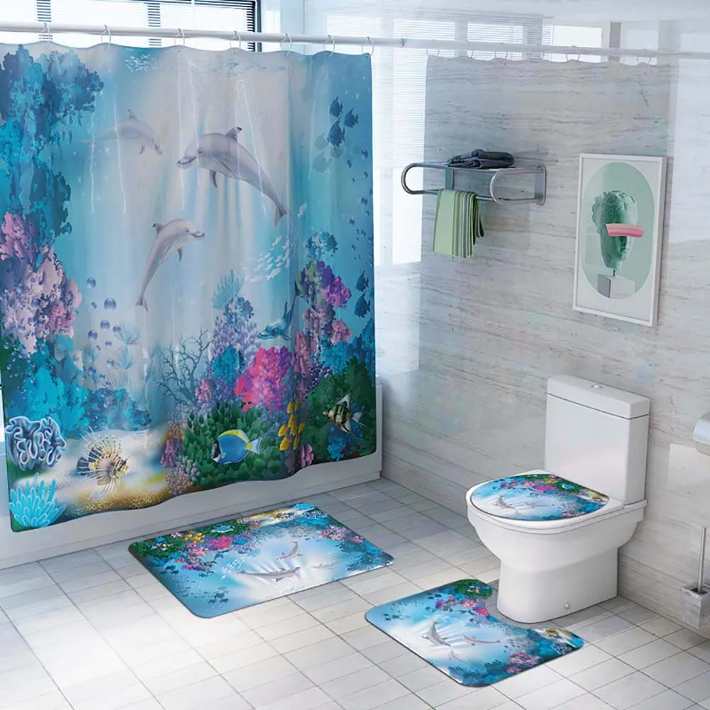 

Waterproof Print Dolphin Bathroom Shower Curtain Toilet Cover Mat Anti-slip Carpet Set Polyester Shower Curtain Mat Home Decor