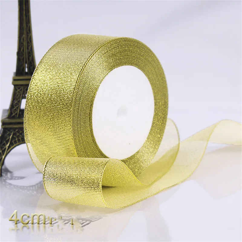 4CM Gold Золотой/Серебряный шелк атлас органза лента 0,6-5 см блестящие вышитые ленты для свадебного торта подарок украшения ремесла поставки - Цвет: 4CM Gold