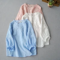 spring summer women loose exquisite embroidery comfortable water washed thin ramie pullover shirtsblouse