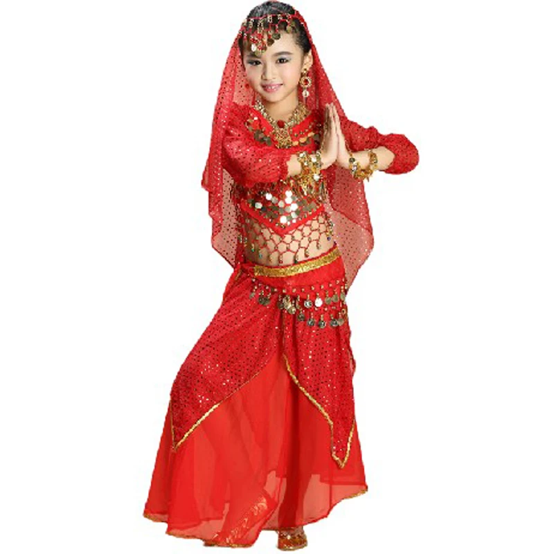Костюм для танца живота для девочек, комплект из 4 предметов (топ + юбка + цепочка на талии + вуаль), индийская одежда, желтый + h. Розовый + красны... от AliExpress RU&CIS NEW
