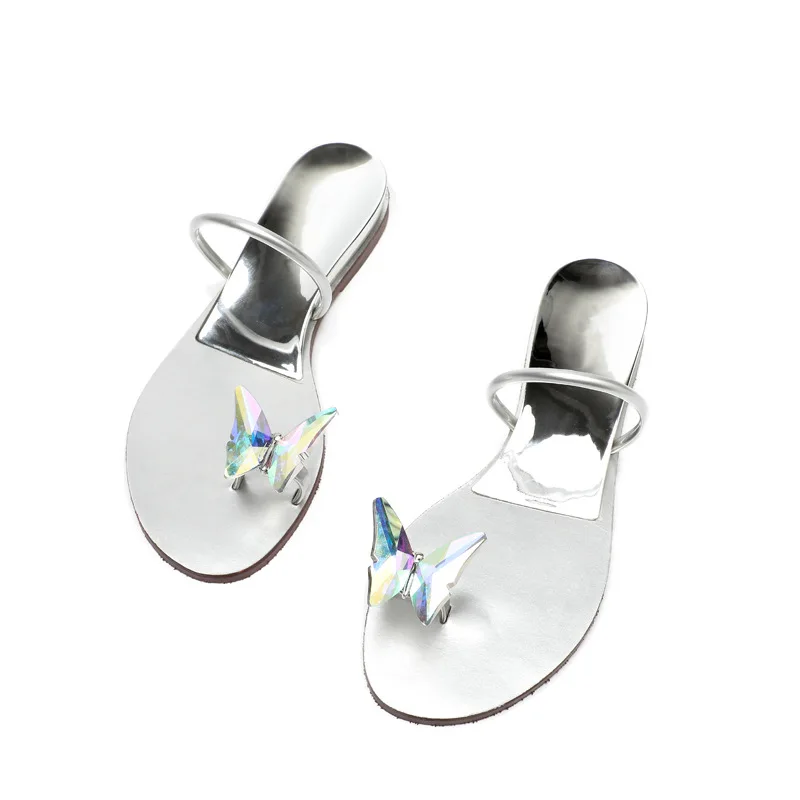 

Outer wear fashion flat slippers women's summer 2021 new net red butterfly egg rhinestone set toe flip-flop sandals shoes for