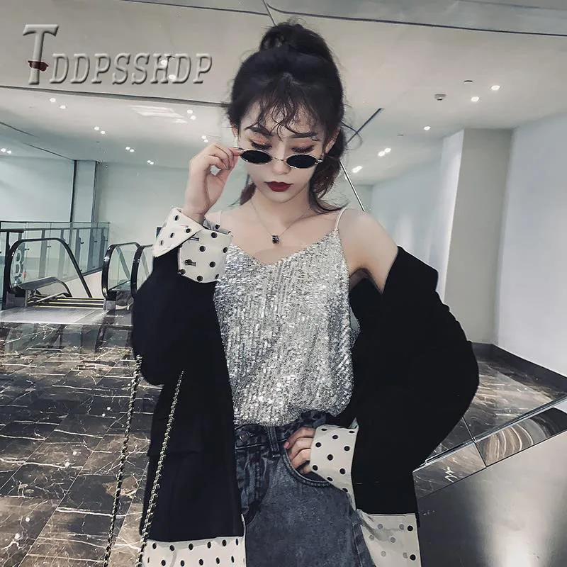 

Summer Refreshing 3 Colors Can Choose Women Camisole Sequins V Neck Female Camis