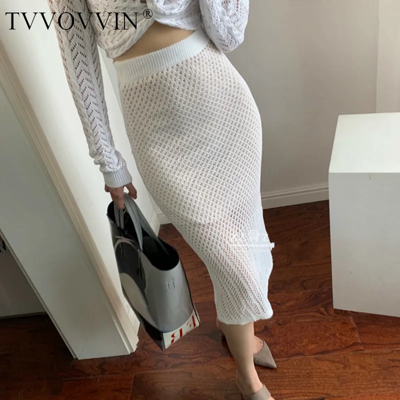 

TVVOVVIN New French Mesh Crochet Hollow Sexy Perspective Split High Waist Elegant Long Womens Lace Skirt 5KVR