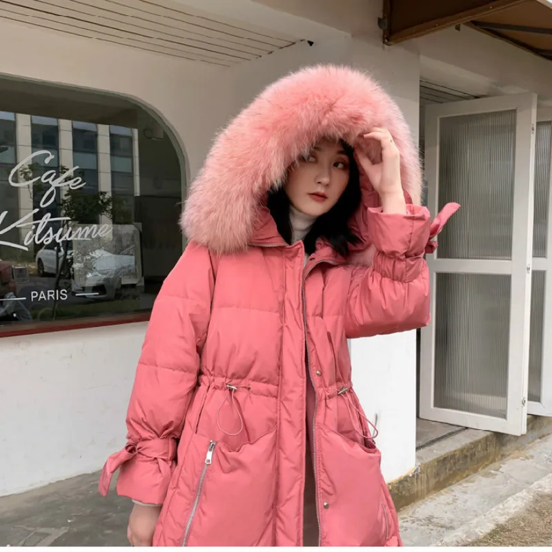 

Winter new style little fairy thick big fur collar waist slimming down jacket women mid-length cotton jacket white duck down
