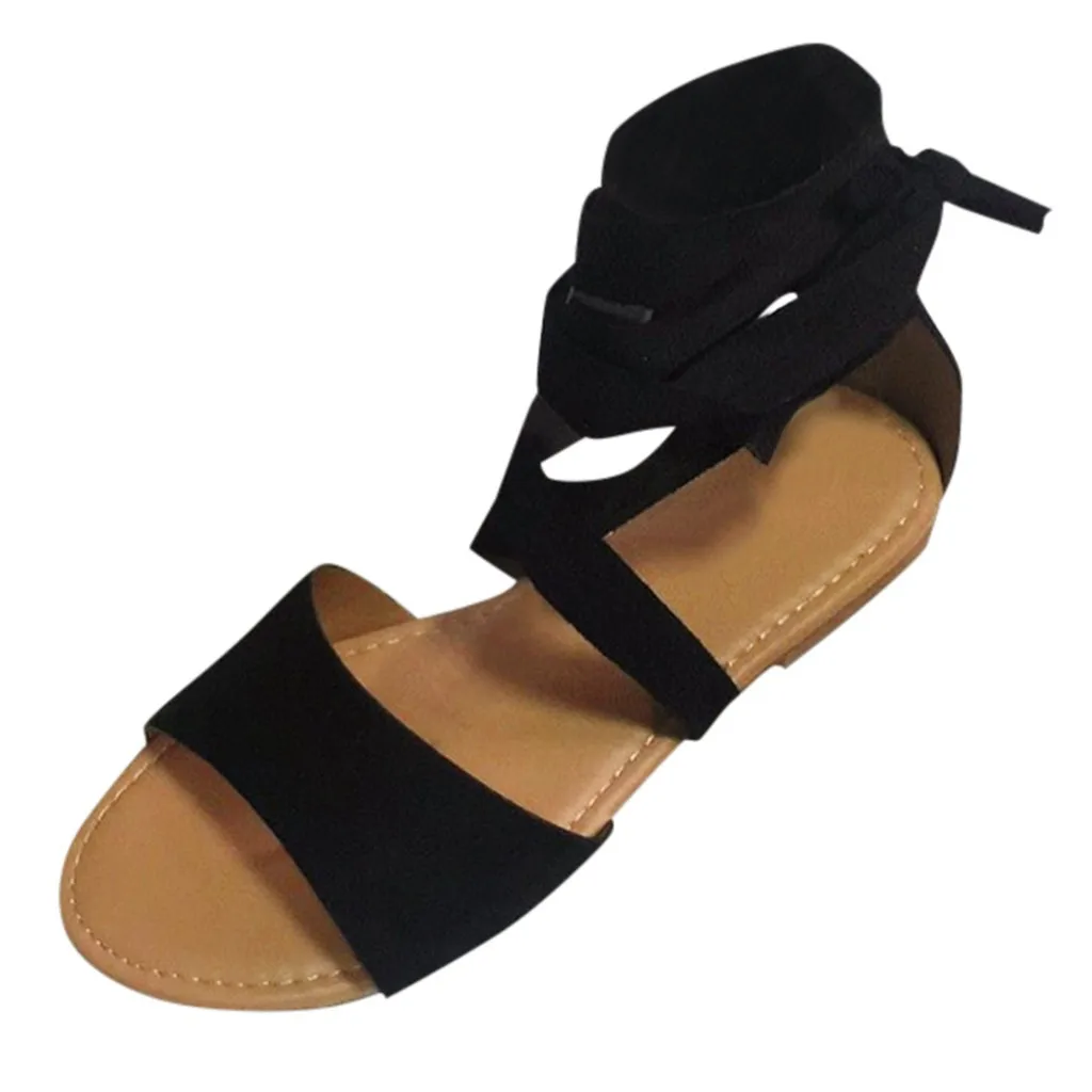 

2020 Fashion Summer Women Girls Solid Color Ankle-Wrap Flat Sandals Ladies Leisure Beach Sandals Shoes sandalias de las mujeres