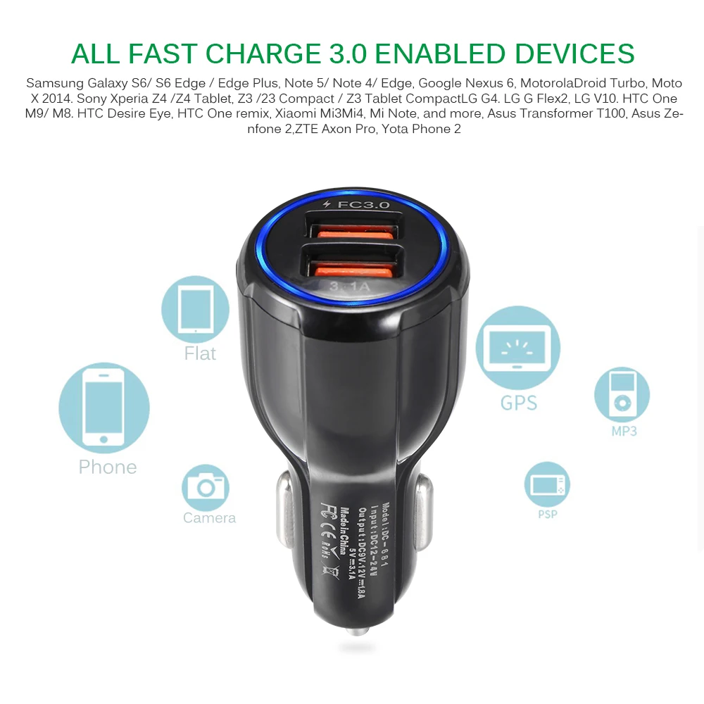 Автомобильное зарядное устройство двойной USB выход QC3.0 силовой светильник 3.1A Быстрая зарядка для IPhone 7 8 X устройства быстрой зарядки для S6 S5 Xiaomi Mi A1