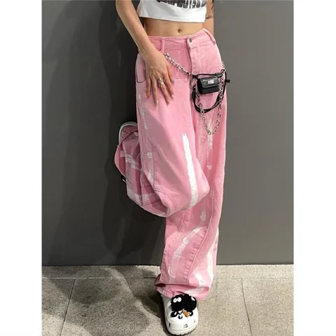 Pink washed distressed jeans women's autumn 2021 design sense ins inkjet wild trend loose straight wide-leg pants students women
