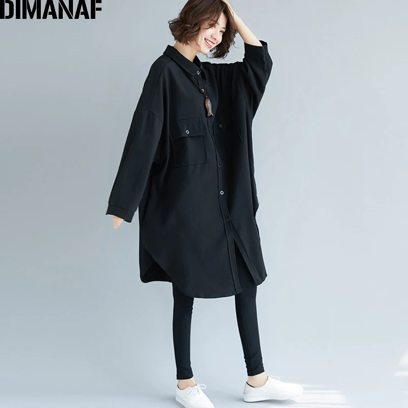 Tiao98947CN-hei Dimanaf женский жакет большого размера длинное пальто более размера осенний кардиган на пуговицах Повседневная Женская одежда свободная однотонная Базовая верхняя одежда - Цвет: Tiao98947CN-hei