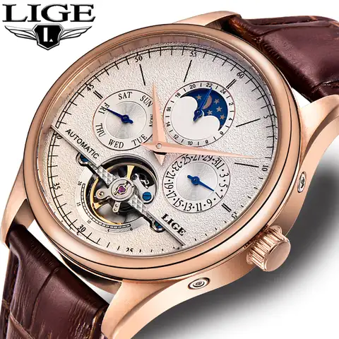 LIGE брендовые классические мужские ретро часы автоматические механические часы турбийон часы из натуральной кожи водонепроницаемые военны...