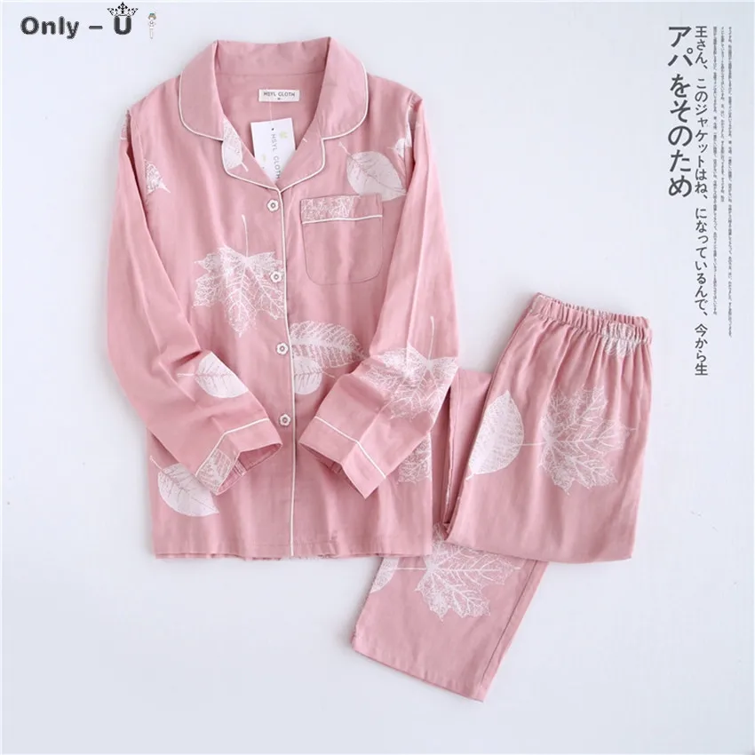 

Japanese Korean Version Fresh Maple Leaf Pajama Sets Women Spring Autumn Gauze Cotton Long Sleeve Casual Sleepwear Homewear