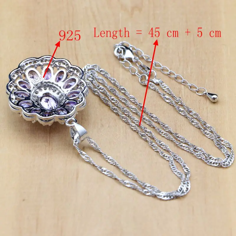 925 Серебряные свадебные украшения с фиолетовыми кубическим цирконием и белыми цирконами для женщин Свадебные серьги/подвеска/кольцо/браслет/ожерелье.