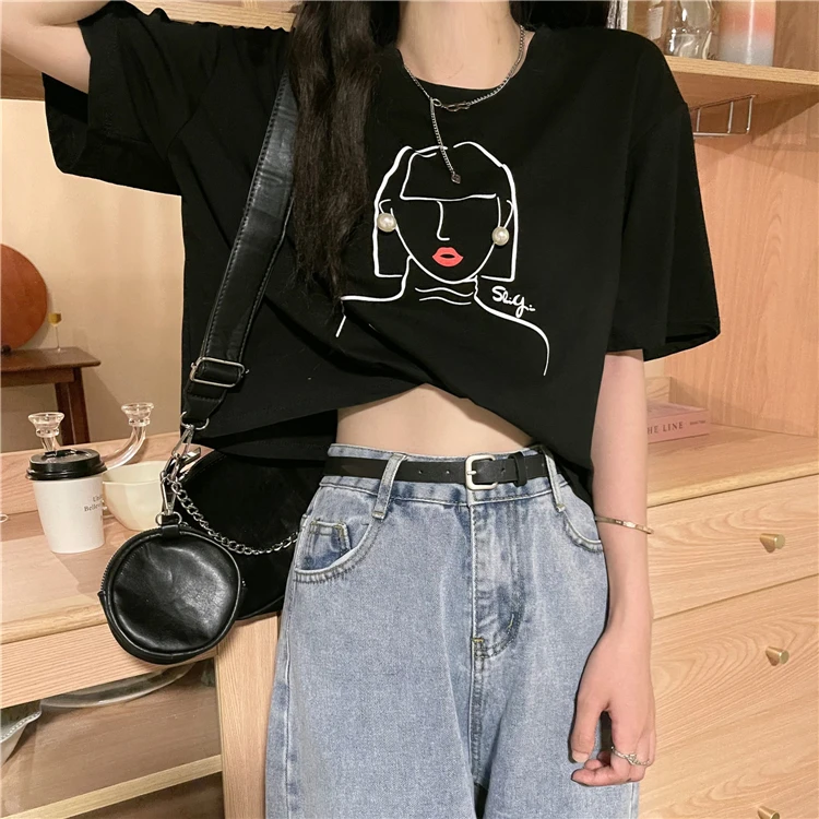 

1986 New fashion chic French girl simple short letter print lazy short-sleeved T-shirt