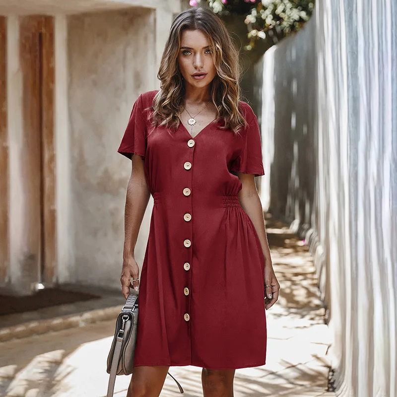 Женское мини платье с V образным вырезом и коротким рукавом|Женские платья| |