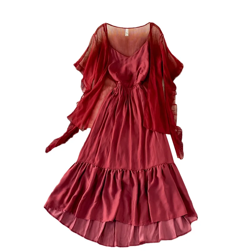 

Women Fashion Seaside Holiday V-neck Dress Girls Slim Waist Ruffle Dress Red Chic Chiffon Shawl Two Piece Dresses Suits