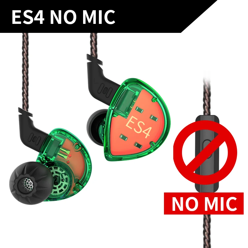 green no mic KZ ES4 1DD+ 1BA Hifi спортивные наушники-вкладыши Динамический драйвер шумоподавление Гарнитура замена кабеля AS10 ZS10 BA10 ZST ZS6 ZSN - Цвет: green no mic