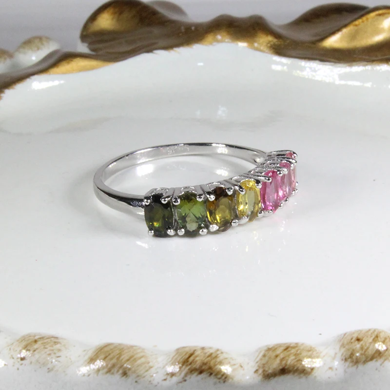 Модное Радужное кольцо 7 видов цветов натуральный турмалин серебряное из серебра