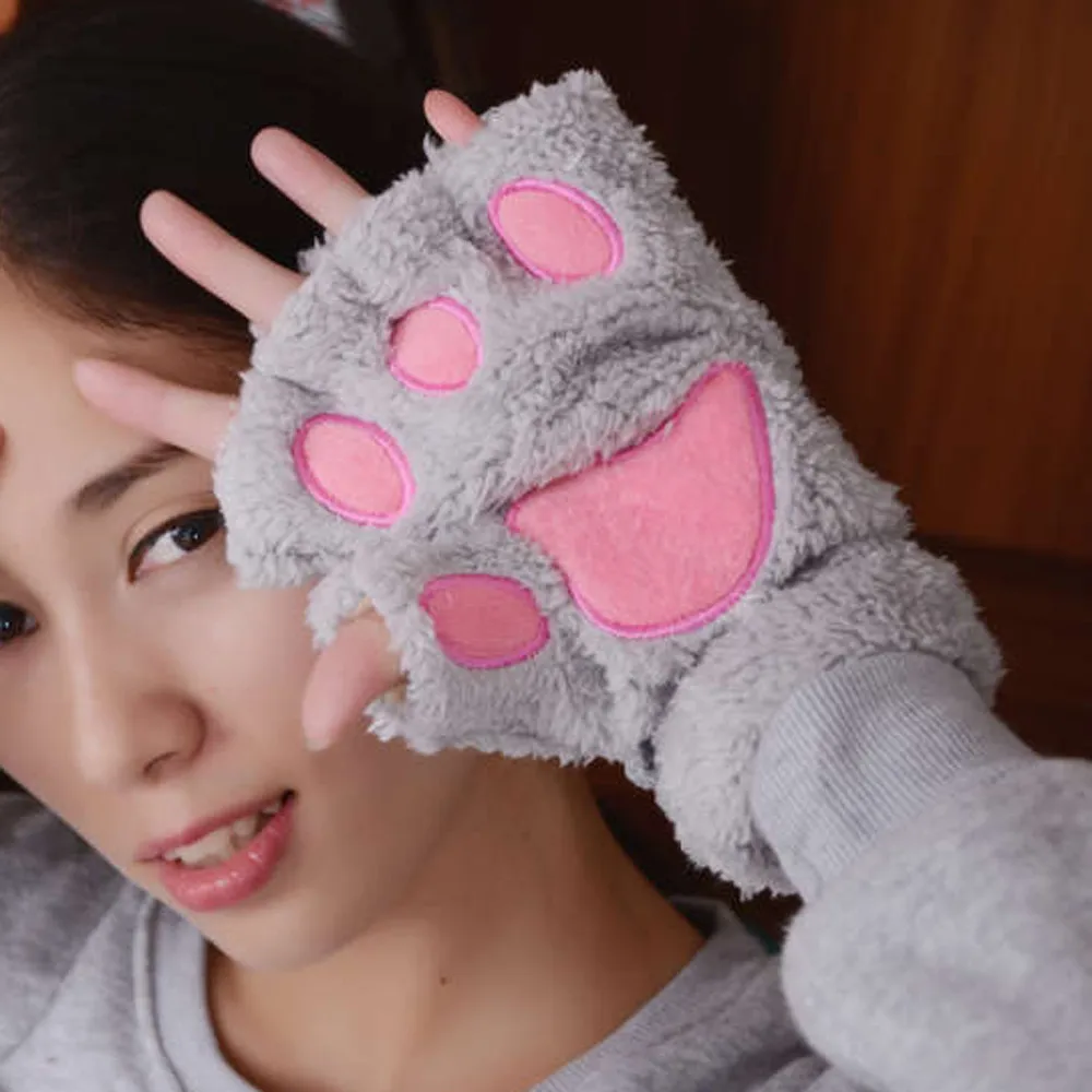1 пара Hoot Kawaii Зимние перчатки для женщин леди девушки теплые лапы перчатки милые без пальцев пушистый медведь кошка плюшевая лапа Косплей рукавицы