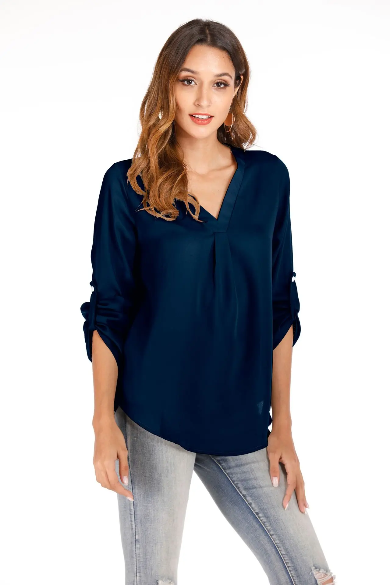 

Fashion Women Blouse Summer Casual V-neck Pullover Solid Color Retractable Sleeves Loose Plus Size Long Sleeve Blouse Donsignet