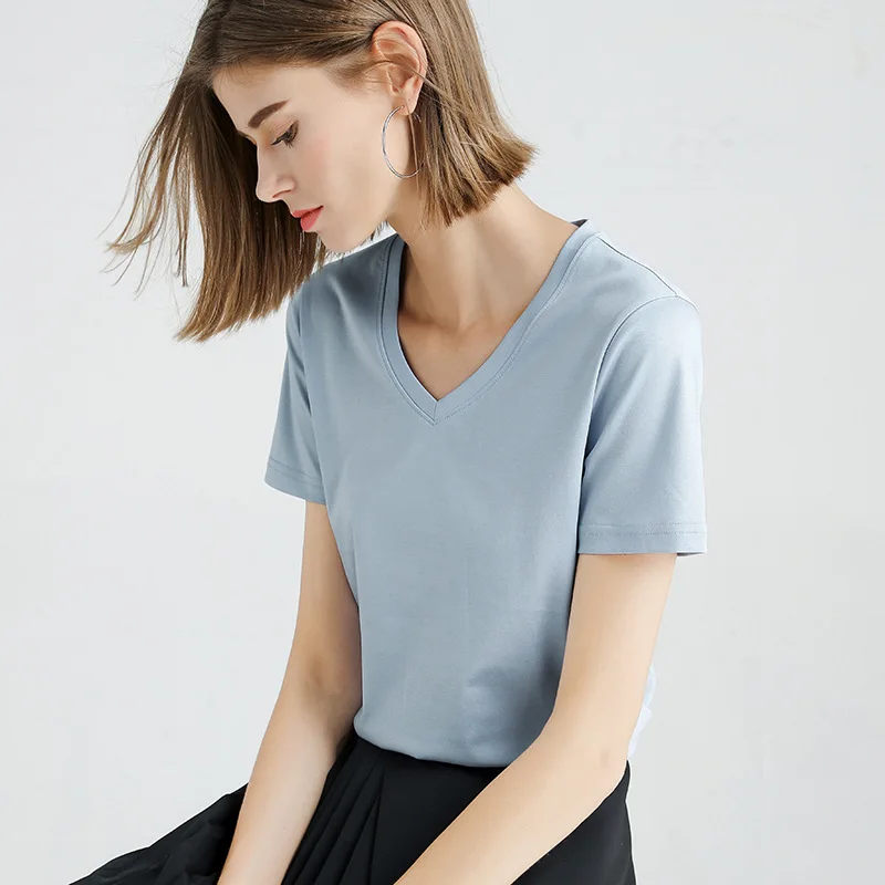 

2021 V-Neck Short Sleeve Multicolor Women T-Shirt Basic Solid Color Tees Summer New Casual Slim Office Work Lady Clothes Tops