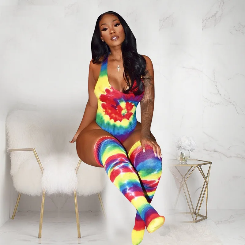 Радужный Tie Dye сексуальный фитнес-боди для женщин с глубоким вырезом без рукавов пляжная одежда комбинезон летний без спинки размера плюс вечерние комбинезоны