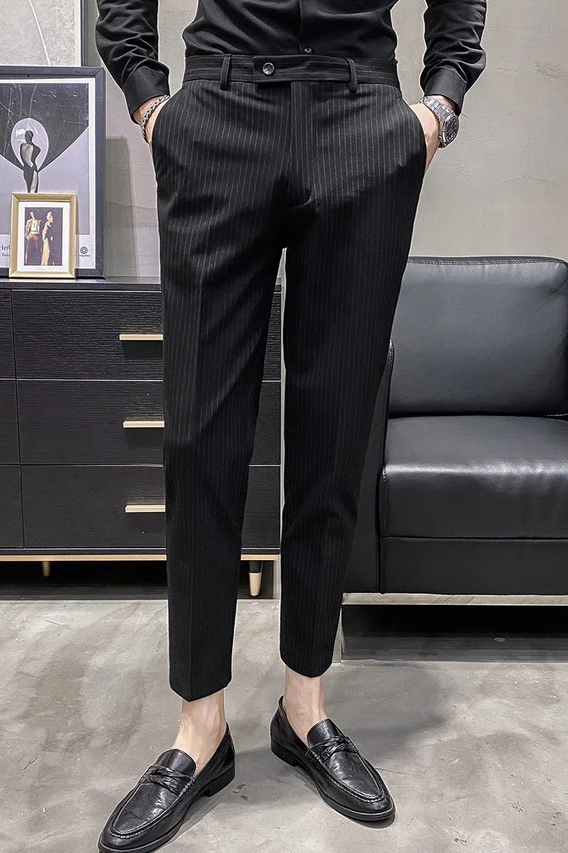 

Winter 2021 Autumn Men Suits Pants Striped Business Dress Pants Casual Slim Fit Office Social Pants Formal Wedding Trousers 38