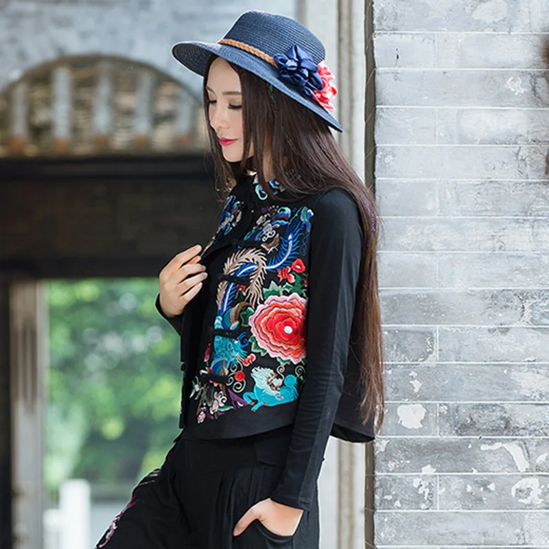 Женский жилет с вышивкой из хлопка и льна традиционный китайский стиль Цветочная