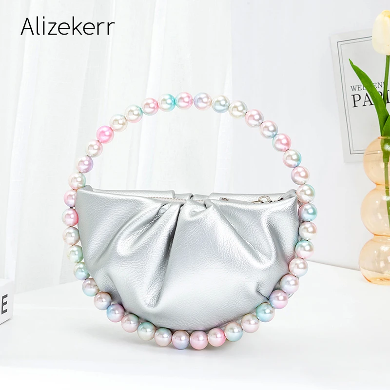 

Colour Pearls Circular Fold Handbags Women 2021 New Elegant Designer Round Handle Kawaii Clutch Purses And Handbags High Quality