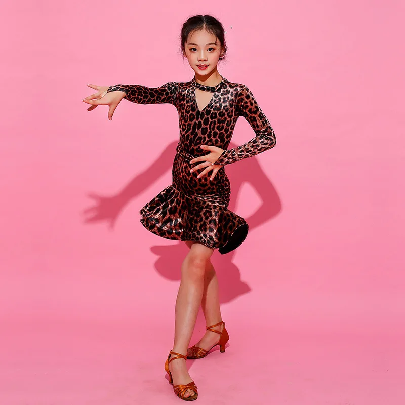 Latin Dance Dress Girls 2 Pcs Sets Kids Long Sleeve Tops Leopard skirt Clothing Child Rumba Tango Samba Women Costumes | Детская одежда