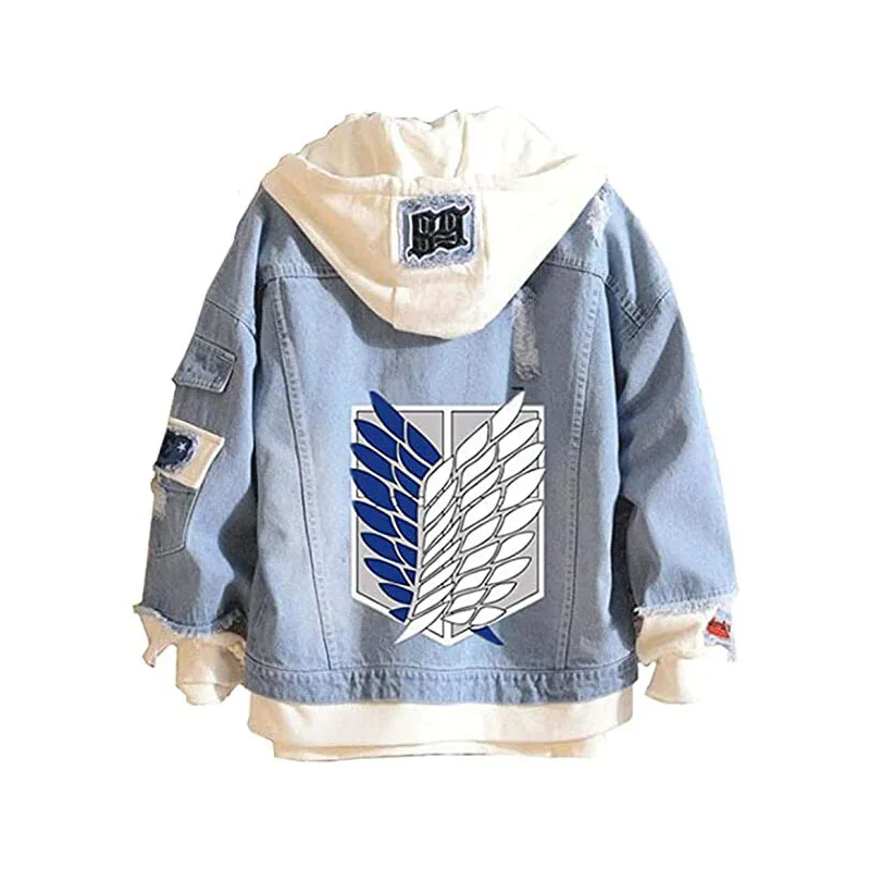 

Джинсы «атака на Титанов», модель 4XL, блестящая куртка, джинсовая куртка для косплея разведчика, осенняя Толстовка Эрена с капюшоном, верхня...