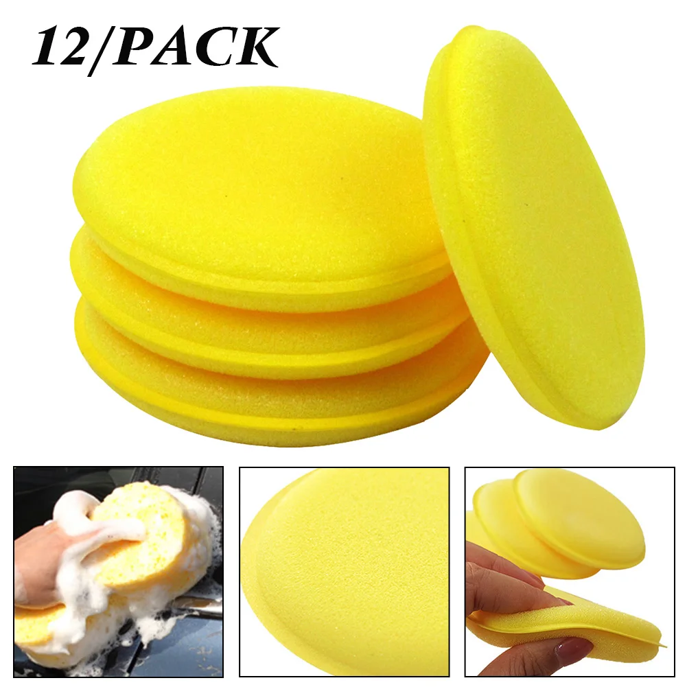 

12 Pcs Car Wash Sponge Cleaning Scrubber For Waxing Polishing, 3.9" Round Polyester 100 X 6 mm Yellow Cleaning Sponge Car Wash