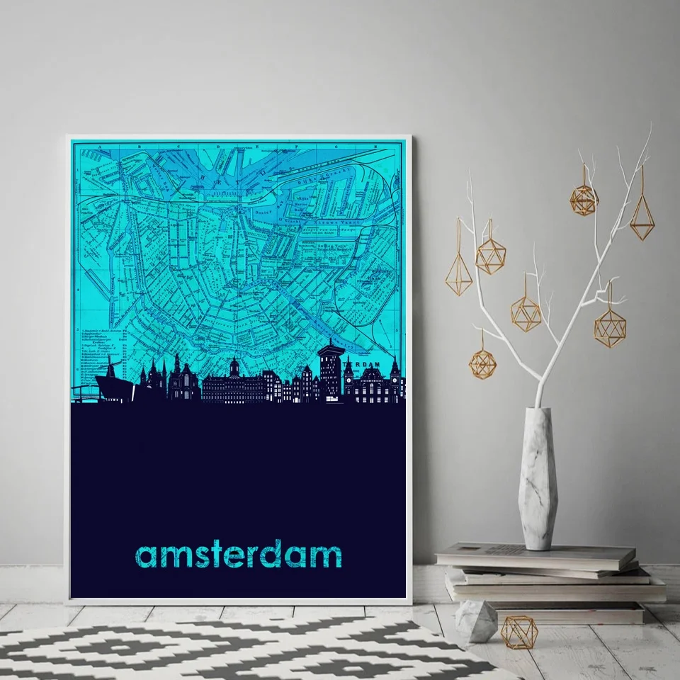 

amsterdam Skyline Modern City Map Poster Canvas Wall Art Print Home Decor