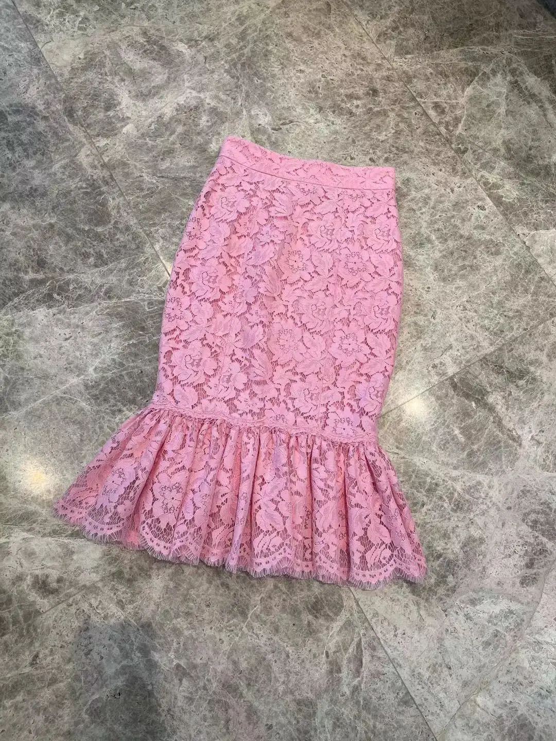 

Skirt Women 2021 Lace Midi Ruffle Pink High-waisted Silk Satin Sicily Luxury Runway Top Quality Famous MidCalf Trumpet / Mermaid