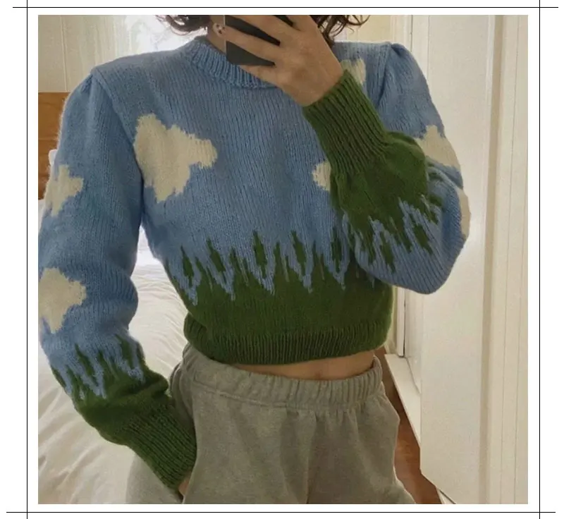 

Oversized Pullovers For Women Cloud Print Knitted Sweater Long Sleeve Autumn New Ladies Street Clothing