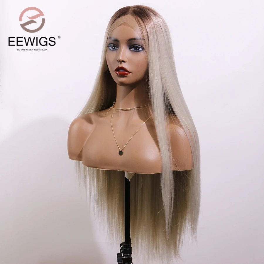 EEWIGS пепельный блонд парик на кружеве с короткими корнями термостойкий синтетический парик на кружеве Омбре прямые парики для черных женщин