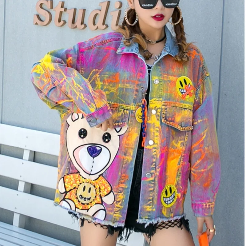 

Spring Autumn Fashion Brand Women Denim Jacket 2021 Women Colorful Graffiti Printed Jacket Female Cartoon Outwear U436