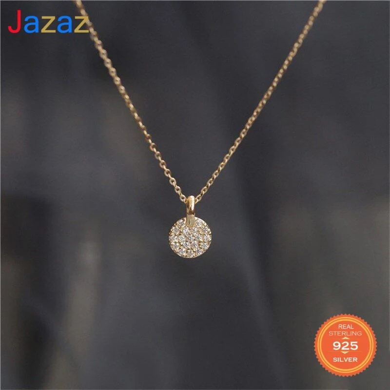 

Jazaz 925 Sterling Silver French Simple Pave Crystal Brand Pendant Clavicle Chain Necklace Women Classic Plated 14k Gold D001818