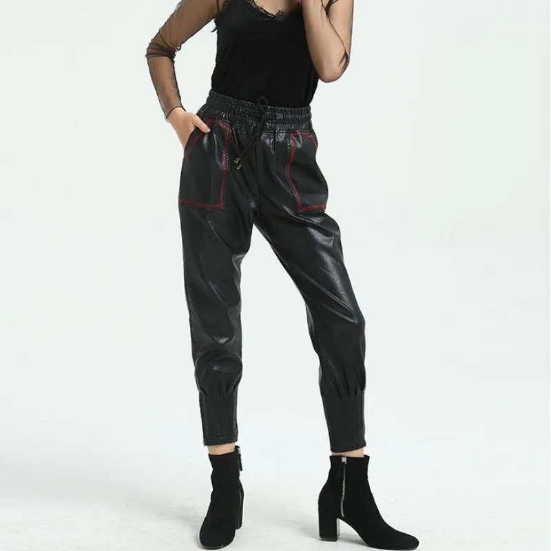 Fashion Women Elastic Waist Joggers High Quality Pu Leather Pants Hight Waist Boyfriend Style Harem Pants Casual Trousers Female