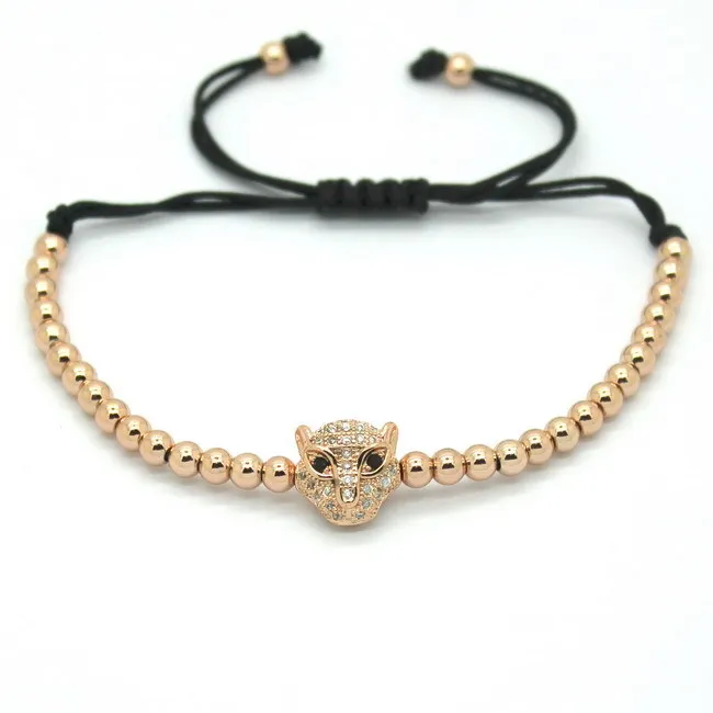 

Famous Men Rose Gold Bracelets,Pave Setting Black CZ Evil Eye Connector & 4mm Round Beads Braiding Fashion Men Macrame Bracelet