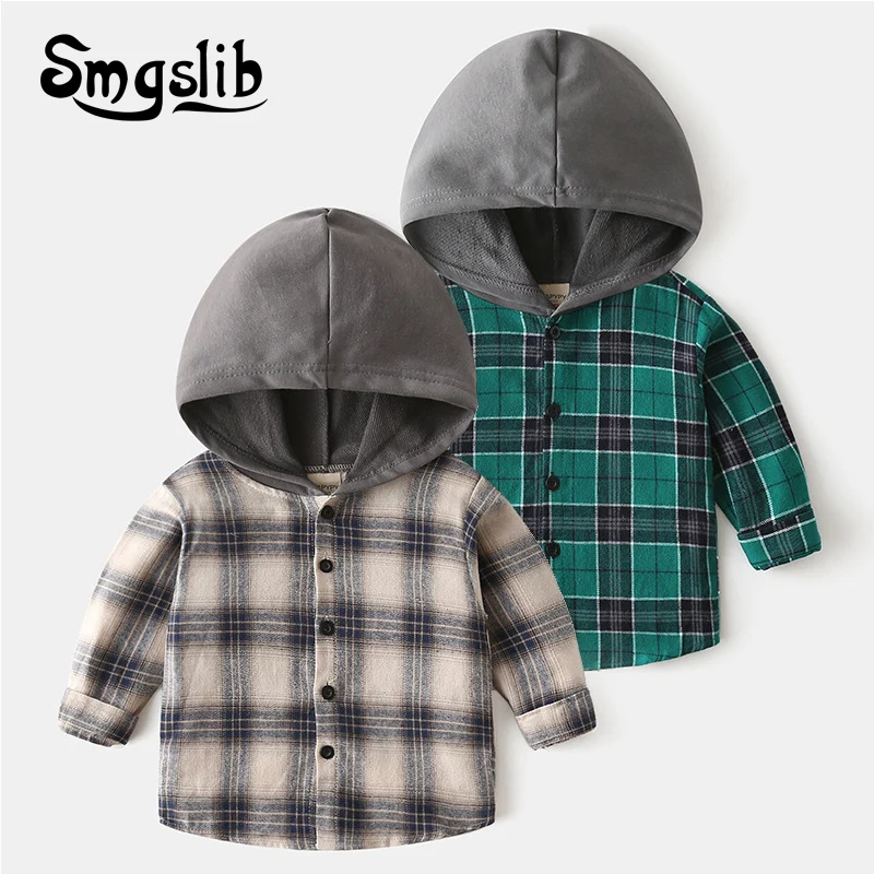 Детская одежда блузки 2021 г. Весенне-осенние рубашки в клетку с капюшоном для