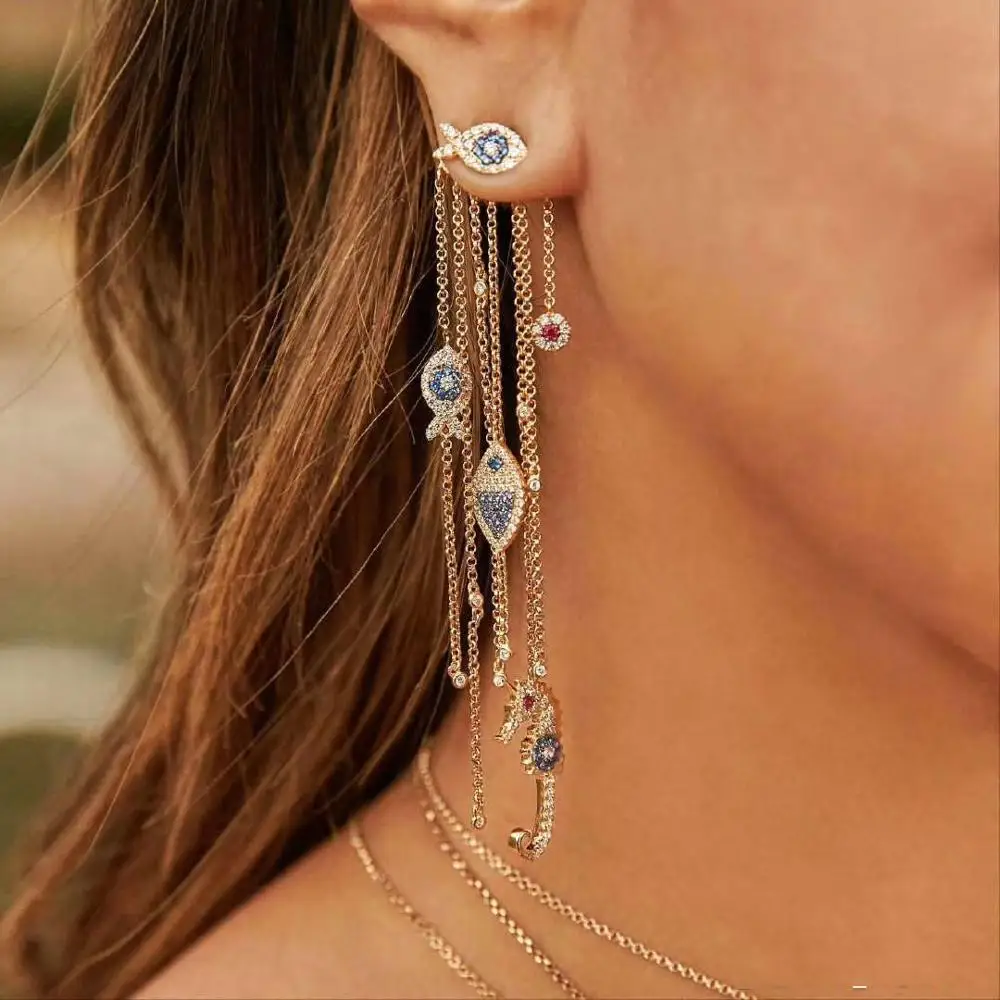 Роскошные женские серьги JaneKelly с кисточками и рыбками из фианита свадебные для