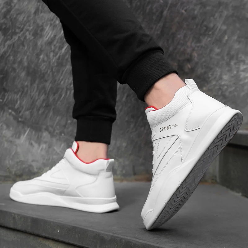 

2019 fashion men's shoes casual genuine leather male flats sneaker height increasing black white shoe man platform shoes for men