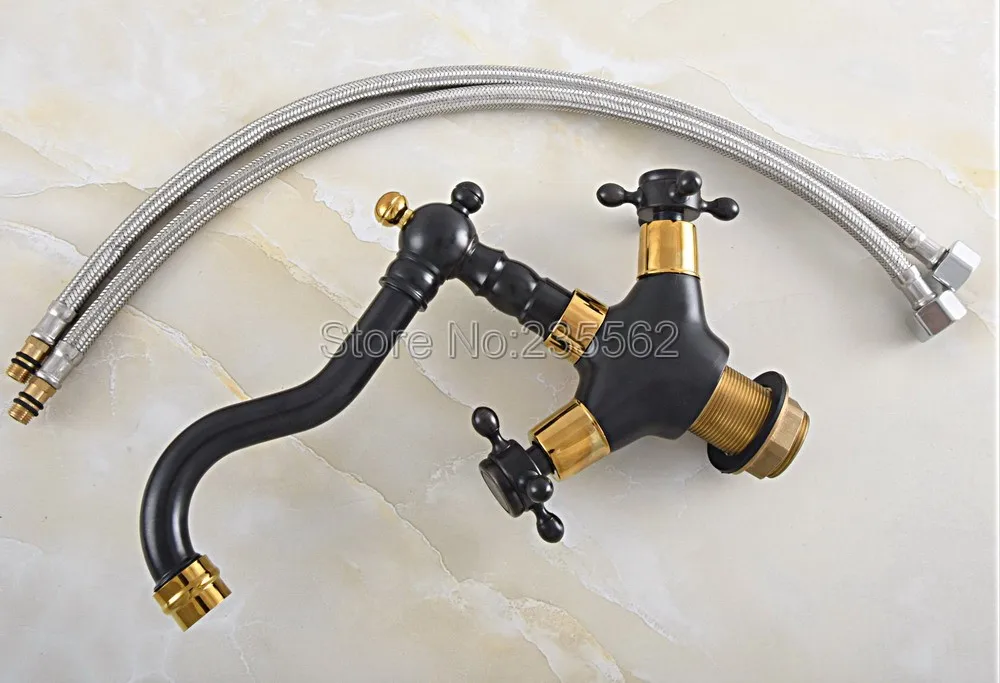 

Gold Color Brass & Black Dual Handle Bathroom Faucet Basin Mixer Tap Swivel Deck Mounted Sink Vanity Faucet Lsf800